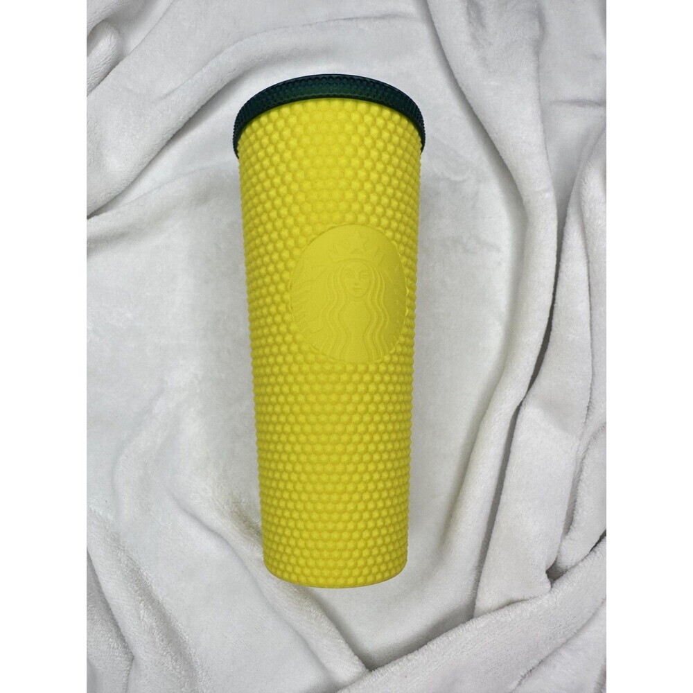 Starbucks Studded Yellow Plastic Cold Cup Tumbler Green Lid Textured No Straw